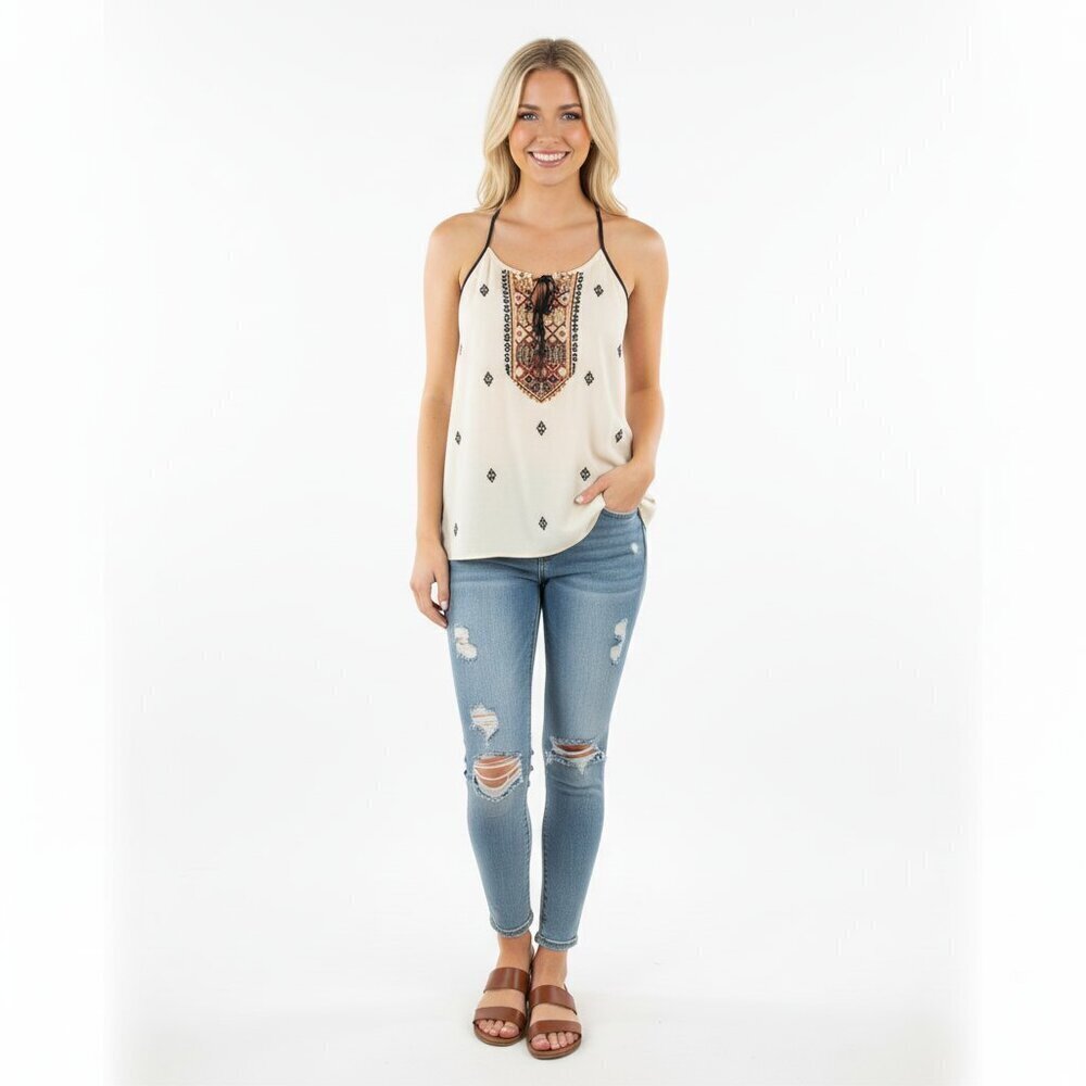 Esley Embroidered Tan Aztec Style Womens Sleeveless Top, Size Large